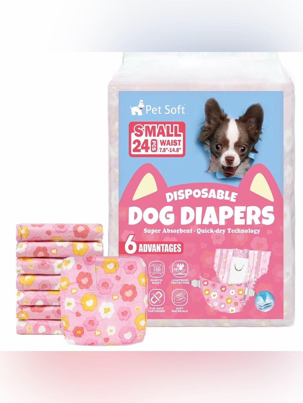 NWT Pet Soft Small Disposable Dog Diapers — Pink Floral (24 Pack) 6-13 lb